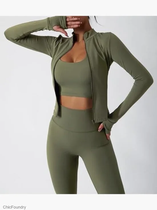 Long Sleeve Zipper Jacket with High Waist Leggings Workout Set - Picture 3 of 7